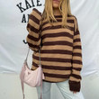 Brown Knitted Striped Crew Neck Street Hipster Pullover Sweater Top