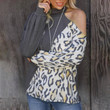 Turtleneck Sweater Women Loose Outer Wear Pullover Leopard Print Off-the-shoulder Contrast Color