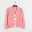 Sweet Crocheted Flower Rhinestone-embedded V-neck Sweater For Women