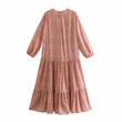 Autumn Women Clothing Ruffled Hem V-neck Printed Midi Skirt Dress Evening Dresses