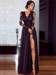 Women's Sexy Lace Evening Dress Collar Long Sleeve Solid Color Wide Hem Maxi