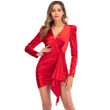 Solid Color Long Sleeve Dress Women's Stretch Party V-neck Evening Dresses