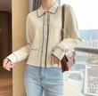 French Knitted Coat Classic Style Graceful Geometric Cardigan Lapel V-neck Long Sleeve Sweater Fashion