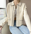 French Knitted Coat Classic Style Graceful Geometric Cardigan Lapel V-neck Long Sleeve Sweater Fashion