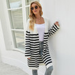 Fashion Long Sweater Coat Striped Contrast Color Knitted Cardigan