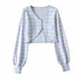 Autumn Plaid Puff Sleeve Knitted Cardigan Women's Cropped Long Sleeves Sweater Coat Fashion