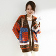 Mid-length Knitted Cardigan Women's Autumn Contrast Color Jacquard Large Size Sweater V-neck Lazy Coat Tide