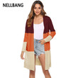 Contrast Color Long Outer Match Knitted Cardigan Women's Rainbow Stitching Sweater Coat