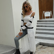 Women's Long-sleeved Knitted Thin Coat Long V-neck Striped Cardigan