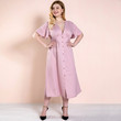 Ruffled Plus Size Women's V-neck Pink Midi Dress Button Skirt Long Dresses