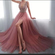Women's Solid Color Embroidered Sequin Sexy V-neck Long Dress Gown