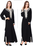 Women's Round Neck Long-sleeved Maxi Dress, Muslim Embroidered Lace-up Dress Long Dresses