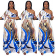 Women's Fashion Casual Milky White Printed One-sleeve Off-the-shoulder Dress Long Long Dresses