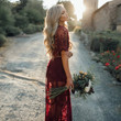 Sexy Deep V-neck Half Sleeves Lace See-through Tight Split Long Dress