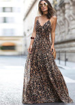 Leopard Print V-neck Suspender Dress Long Long Dresses