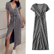 High Waist V-neck Knot Row Short Sleeve Dress Female, Flower Gray Slit Slim-fitting Overknee Fashion Long Dresses