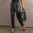 Loose Leather Pants Women's Solid Color Side Pocket Ankle-length Black Skinny Bottoms
