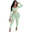 Women's Night Solid Color Stringy Seedge Lace-up Trousers Long Sleeve Two-piece Set Bottoms