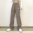 Autumn Women Clothing Solid Color High Waist Fashion Loose Chessboard Plaid Casual Straight Pants Bottoms
