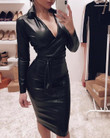 Women's Leather V-neck Slim-fit Sexy Dress Skirt Skinny Dresses
