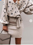 Printed Long Sleeve Batwing Tight Over-the-knee Casual Wrap Dress Skinny Dresses
