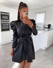 Single-breasted Lace Up Long Sleeve Waist-tight Leather Skirt Dress Casual Dresses