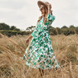 Women's Lace-up Waist-controlled 3/4 Sleeve Dress Green Printing Casual Dresses