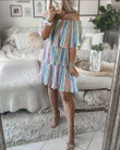 Rainbow Bar Off-the-shoulder Multi-layer Pleated Dress Casual Dresses