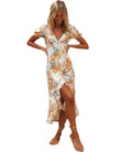 Summer Printed V-neck Short Sleeve High Waist Irregular Long Dress Button Floral Dresses