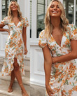 Summer Printed V-neck Short Sleeve High Waist Irregular Long Dress Button Floral Dresses