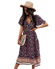 Printed Dress V-neck Short Sleeve Bohemian Style Floral Dresses