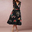 Women's Printed Elegant V-neck Dress A- Line Skirt Floral Dresses
