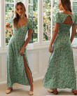 Summer Retro Printed V-neck Dress Short Sleeve Backless Floral Dresses
