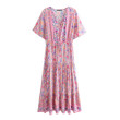 Women's Dress Pink Printing V-neck Lace-up Cinched Slimming Short Sleeves Floral Dresses