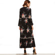 Deep V Dress Bohemian Long Sleeve Chiffon Printed Stitching Lace Large Swing Skirt Floral Dresses
