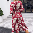 Autumn Women Clothing V-neck Printed Red Dress High Waist Casual Long Sleeve Floral Dresses