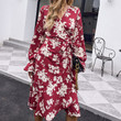 Autumn Women Clothing V-neck Printed Red Dress High Waist Casual Long Sleeve Floral Dresses