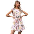 Summer Printed Round Neck Lace Patchwork Ruffled Flying Sleeves Dress Floral Dresses