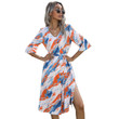 Autumn Print Tie-dyed V-neck Half Sleeves Shirt Bottoming Dress For Women Floral Dresses