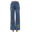 Jeans Female With Hearts Embroidered High Waist Loose And Slimming Wide Leg Pants
