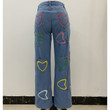 Jeans Female With Hearts Embroidered High Waist Loose And Slimming Wide Leg Pants