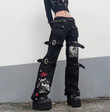 Street Design Printed Metal Buckle Denim Draped Pants Jeans