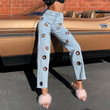 Street Style Winter Metal Ring Hollow Out See-through High Waist Slimming Fashionable Denim Trousers Jeans