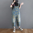 Women's Plus Size Denim Pants Korean Spring Fat Girl Slimming Printed Suspender Jeans