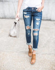 Spring Flanging Ripped Slim Cotton Elastic Bamboo Pencil Tappered Jeans Pants