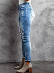 Women's High-elastic Ripped Leopard Patch Slim-fitting Mid-waist Washed Denim Trousers Jeans