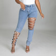 Pants Autumn Trendy Side Ripped Lace-up High Waist Fashion Jeans