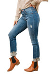 Slim Fit Holes, Blue Jeans Women's Stretch Washed Denim Trousers