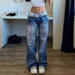 Street Hipster Washed Low Waist Printed Contrast Color Straight Jeans Trousers For Women