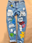 Printed Ripped Fashion High Waist Four Straight-through Women's Jeans Trousers